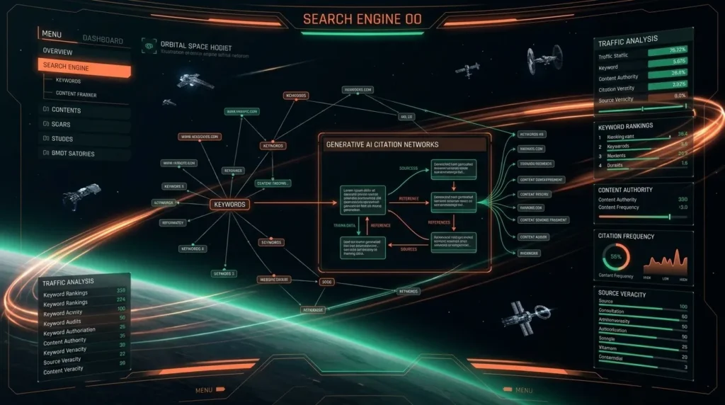 Futuristic dashboard visualizing Generative Engine Optimization with AI citation networks, keyword rankings, and content authority tracking