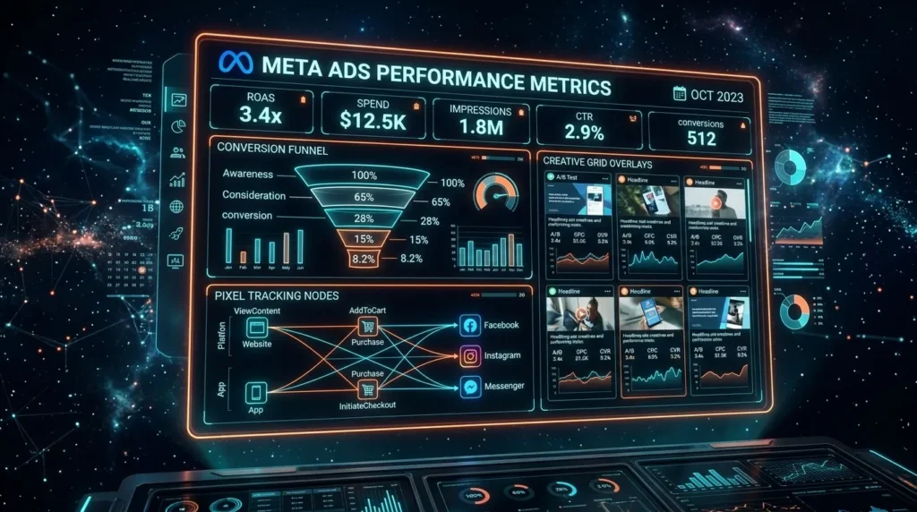 Meta Ads Strategy performance dashboard showing creative-led targeting metrics