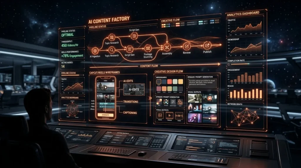 AI content factory dashboard illustrating an automated pipeline for scaling creative video and reels production with analytics tracking